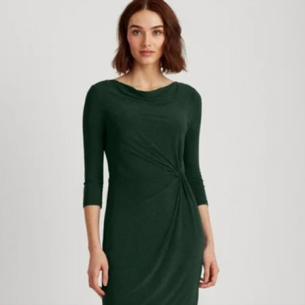 LAUREN RALPH LAUREN Womens Green Ruched Zippered 3/4 Sleeve Cowl Neck size 12